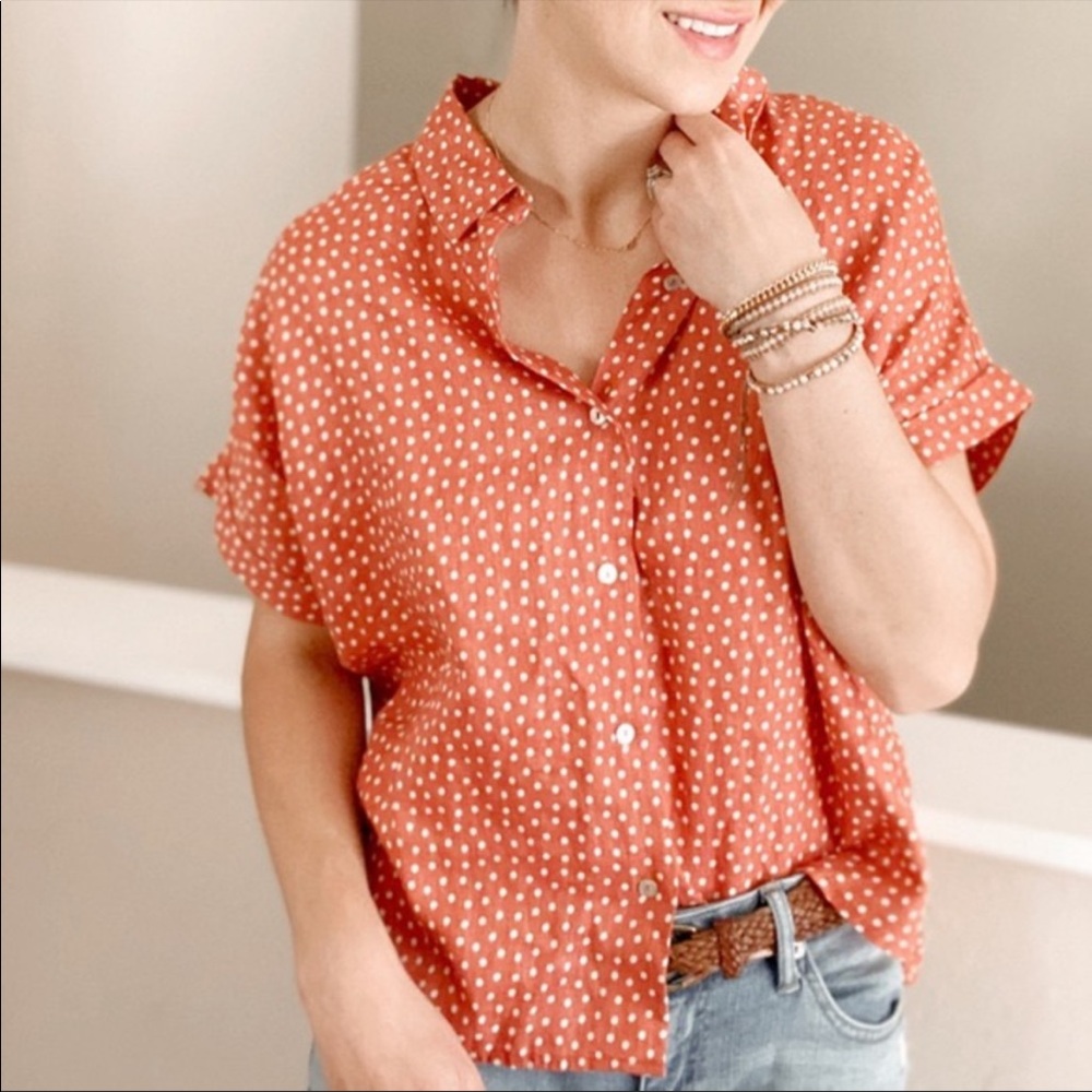 RACHEL ZOE  Pure Linen Polka Dot Button Up Shirt S